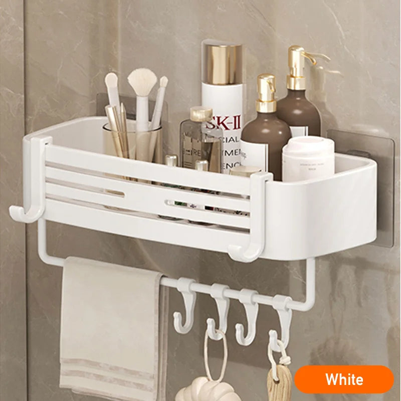 White Self-Adhesive Bathroom Shelf Storage Organizer Towel Holder Hook Wall Mounted Aluminium Corner Bathroom Shelves No Drill