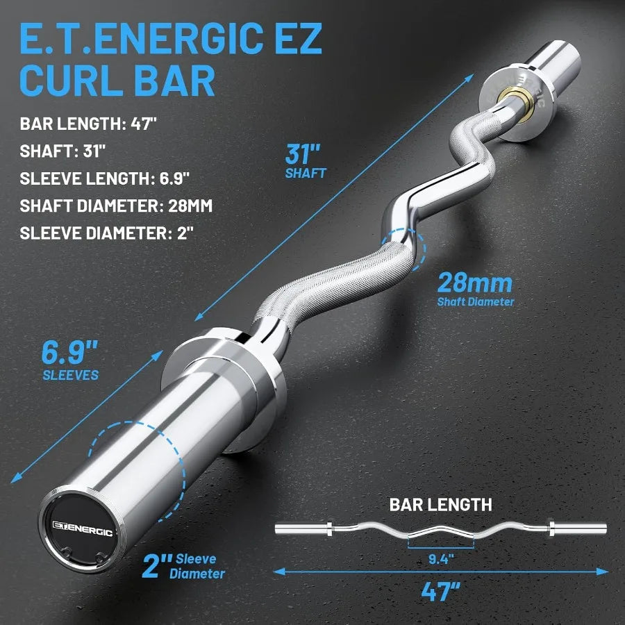47" EZ Curl Bar 500lbs Capacity Steel Barbell Suitable for 2" Weight Plates 2Inch Curl Bar for Weight Lifting Hip Thrusts Squat