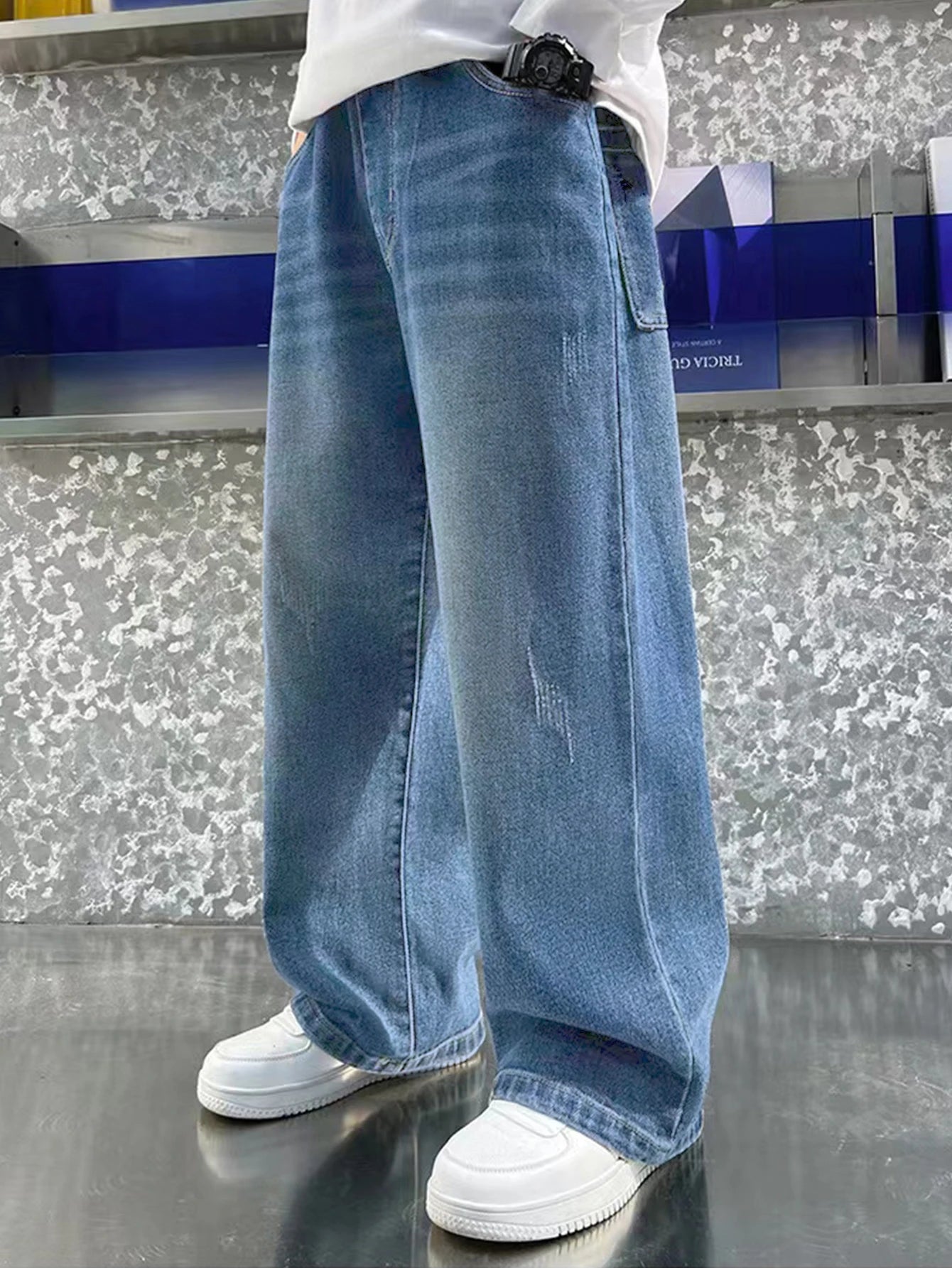 Loose vintage washed preppy-style straight-leg casual wide-leg long jeans for teenage boys