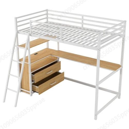Twin Size Metal&Wood Loft Bed with Desk and Shelves, Two Built-in Drawers,  White ,Blak,Oak Natural Immediate delivery from US