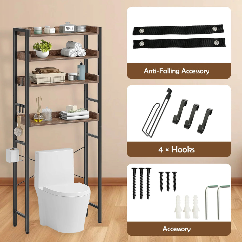 Over The Toilet Storage Rack 4-Tier Bathroom Organizer Freestanding Shelf Space Saver Toilet Stand Cabinet with 4 Hooks