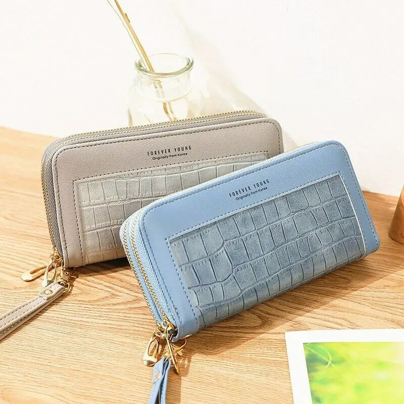 Double Zipper Long Wallet For Women Large Capacity PU Leather Clutch Mobile Phone Bag Coin Cash Card Holder Purse
