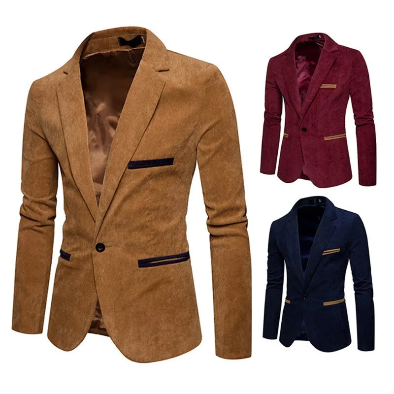 Men's Casual Suit Jacket Fashion Solid Color High Quality Corduroy Button Pocket Lapel Jacket Business Party Leisure Suit