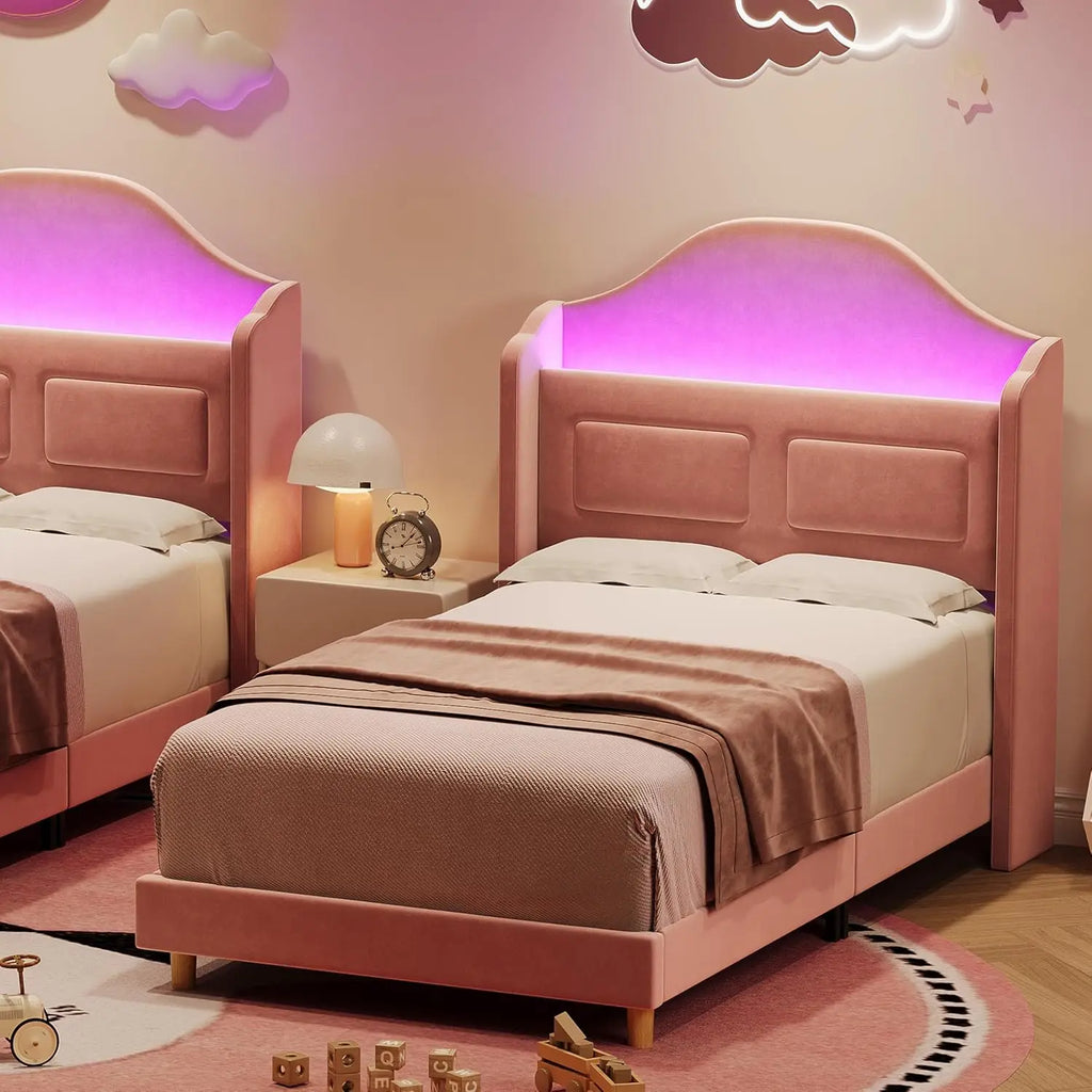 Upholstered Twin Bed Frame with LED Lights, Velvet Platform Bed Frame with Wing Back Storage Headboard, Wood Slats Support, No B