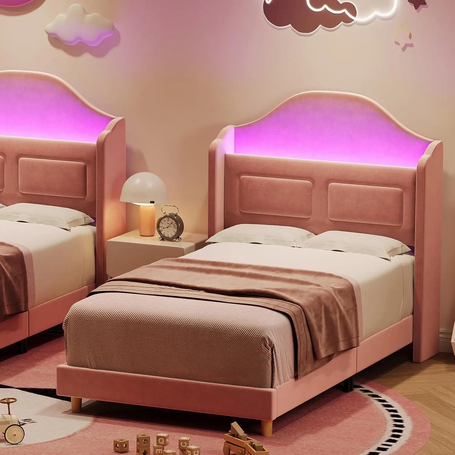 Upholstered Twin Bed Frame with LED Lights, Velvet Platform Bed Frame with Wing Back Storage Headboard, Wood Slats Support, No B