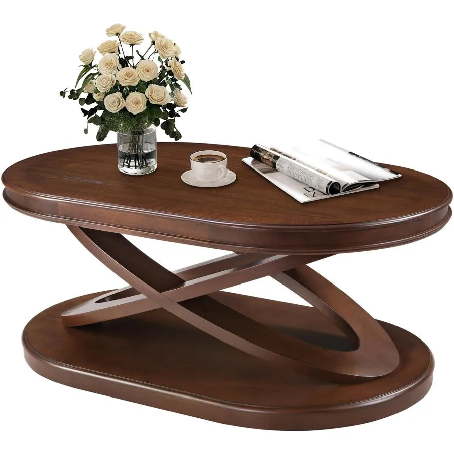 Oval Coffee Tables for Living Room 44 Inch Vintage Wood Walnut Coffee Table with Oval Base Traditiol and Unique XShaped Wooden