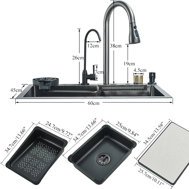 304Stainless Steel Waterfall Kitchen Sink Large Single Slot Integrated 60X45cm Faucet Set Soap Dispenser/Pure Water/Cup Washer