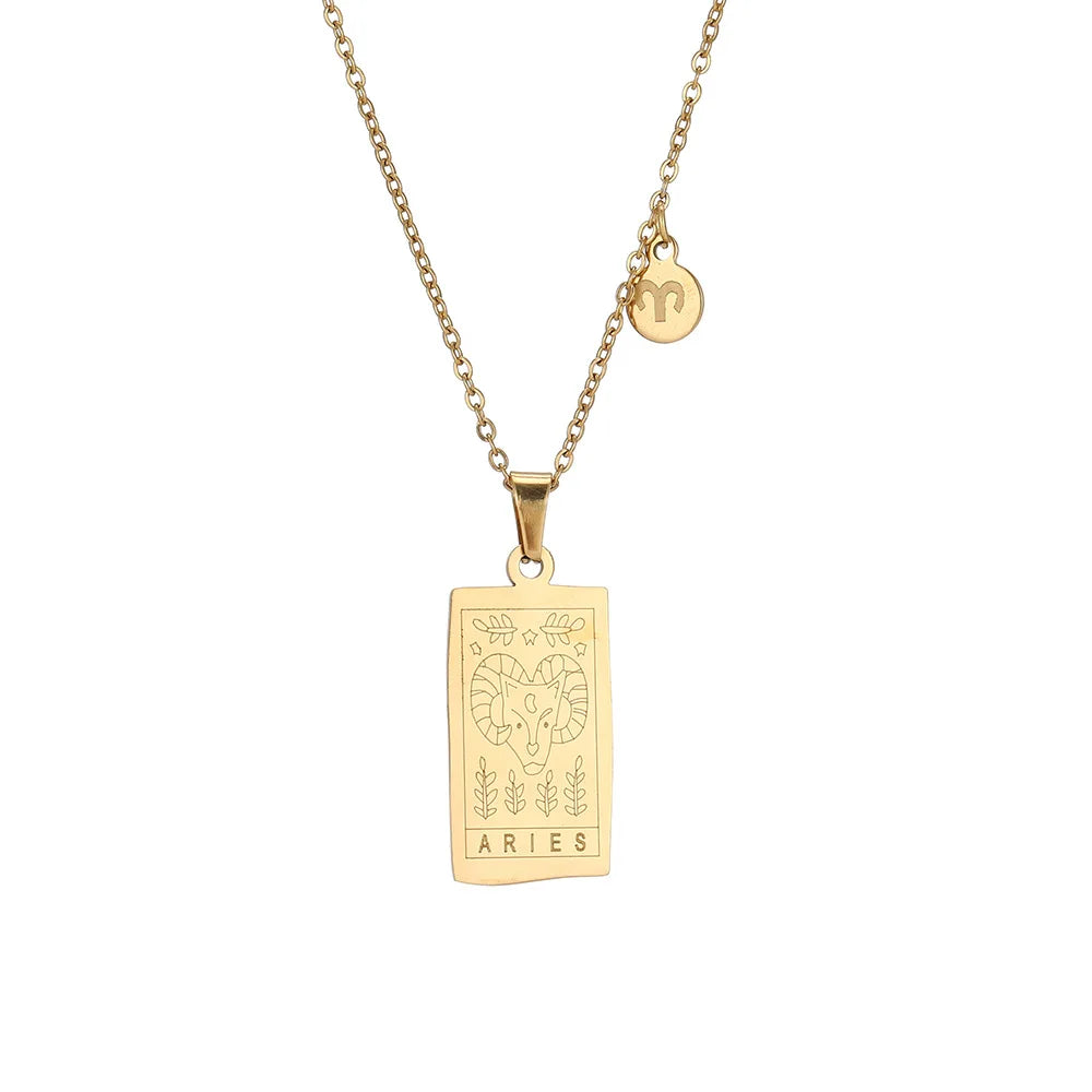Stainless Steel Square Tarot Card Pendant Women Necklace Twelve Constellations Gold-Plated Clavicle Chain Horoscope Gifts