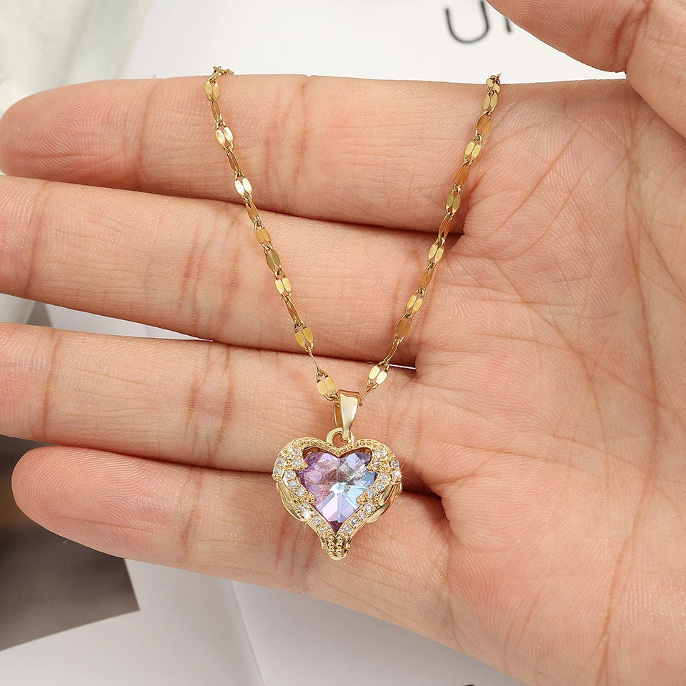 ZAKOL Gorgeous Colorful Zircon Love Heart Pendant Necklace For Women Fashion Stainless Steel Neck Chain Jewelry Gift