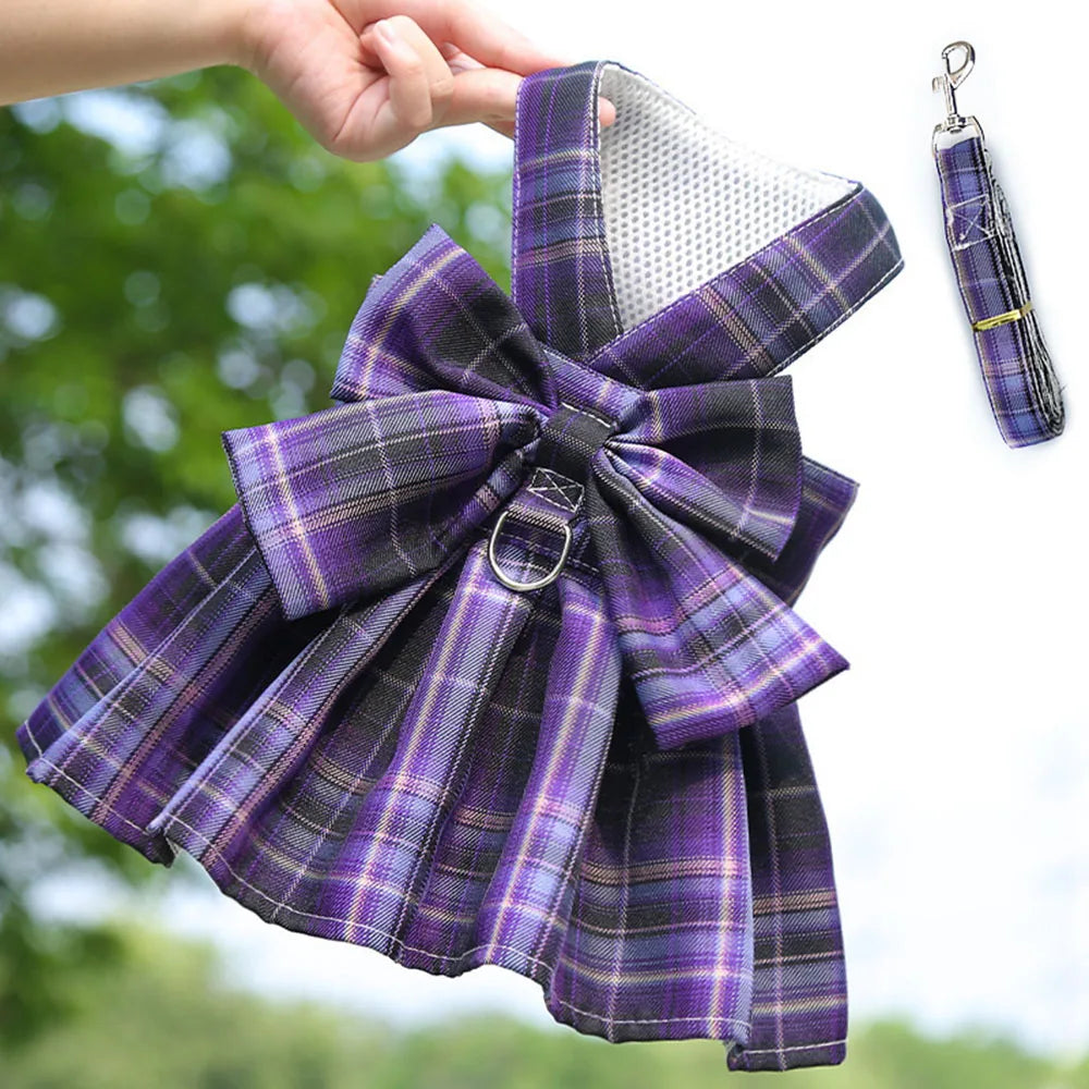 Plaid Dog Dress Bow Tie Harness Leash Set for Small Dogs Cats Girl Cute Princess Dog Dress Puppy Bunny Rabbit Clothes Pet Outfit