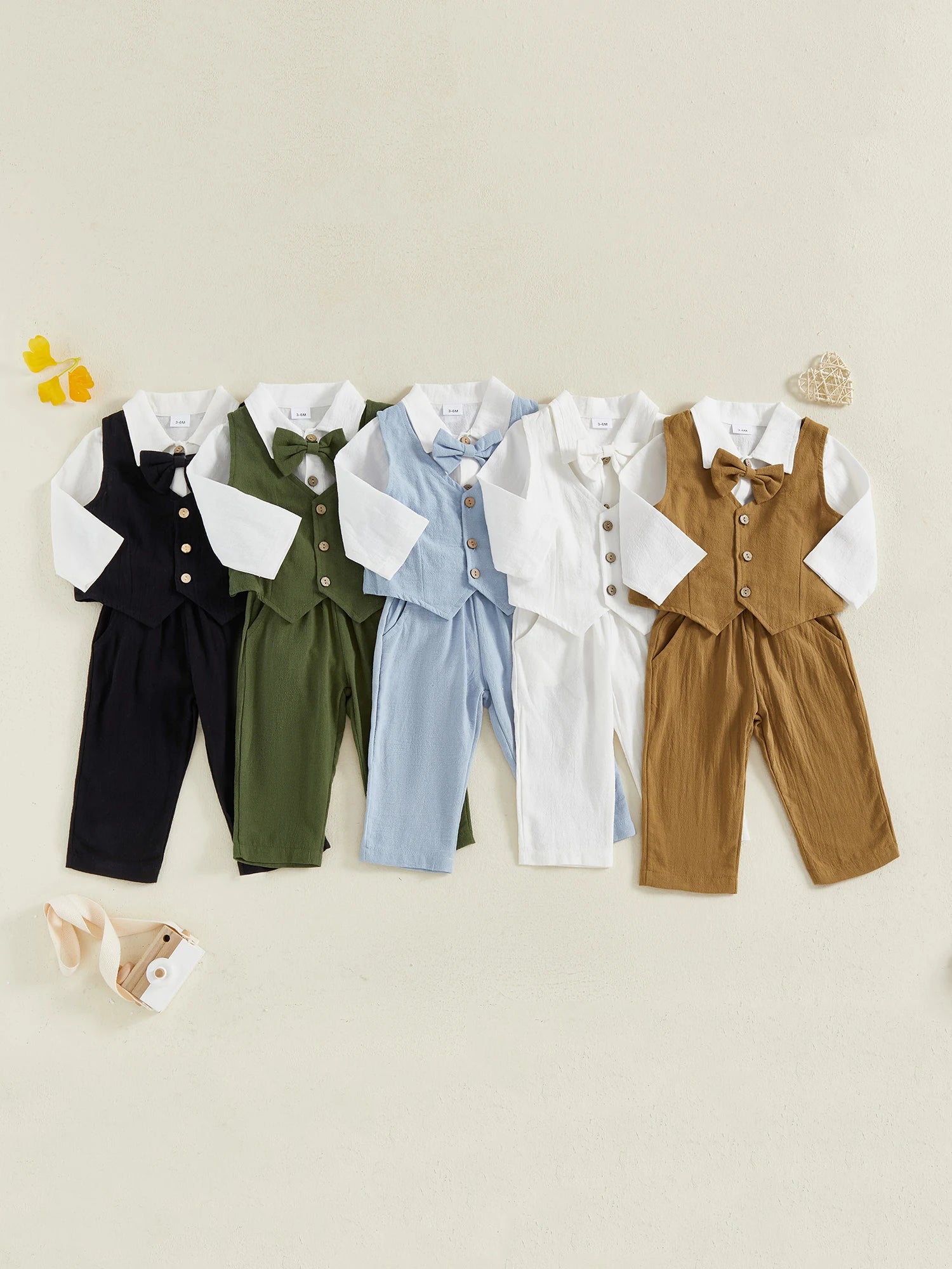 Toddler Boys Winter 4Pcs Outfit Set Long Sleeve Lapel Button Shirt Vest Suspender Pants Bowtie Sets Warm Clothes