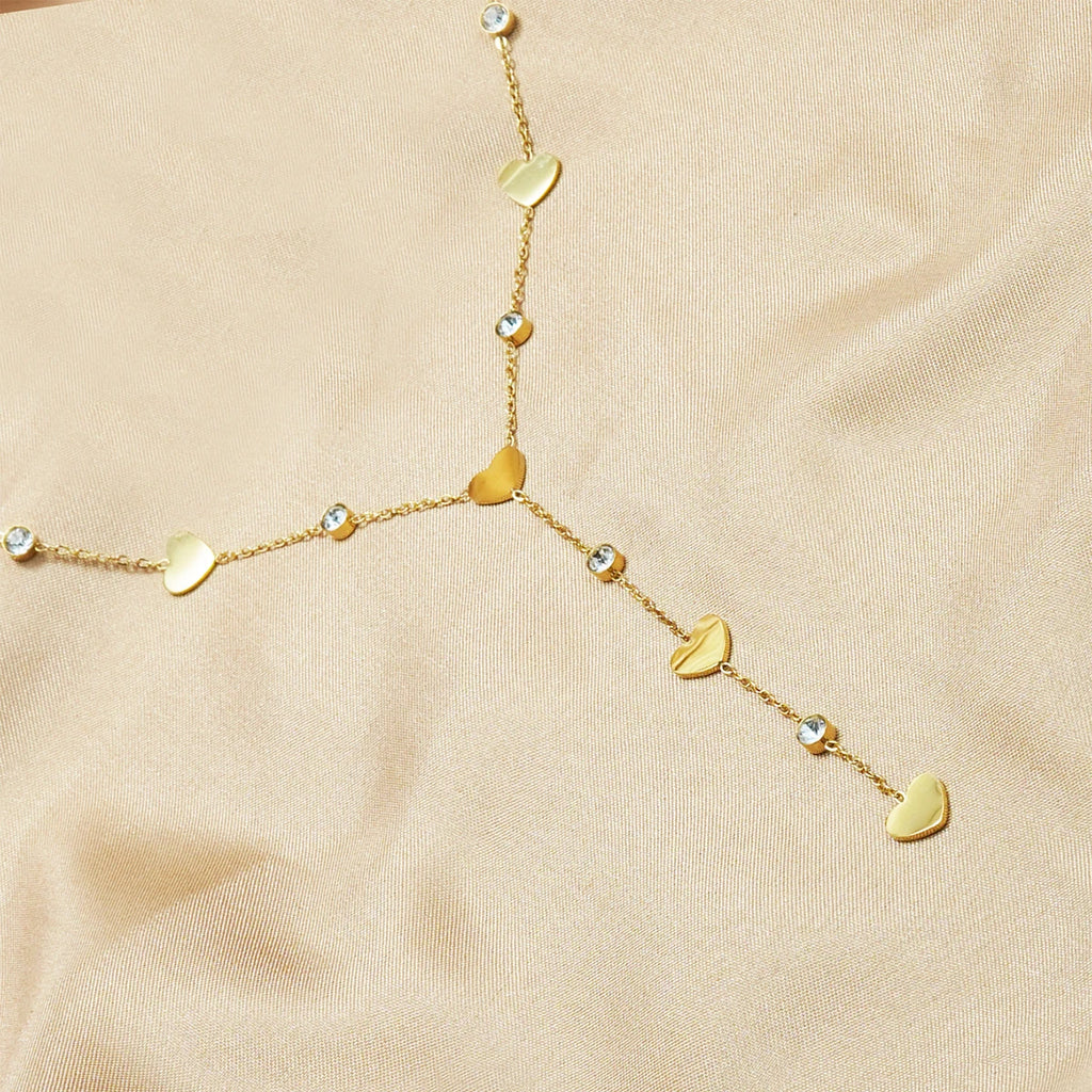 Lxalry 18K Gold-Plated Rhinestone Necklace, Recycled Steel, Simple, Hypoallergenic, Y-Shaped, Diamond-Studded Love