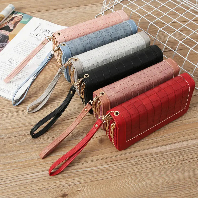 Double Zipper Long Wallet For Women Large Capacity PU Leather Clutch Mobile Phone Bag Coin Cash Card Holder Purse