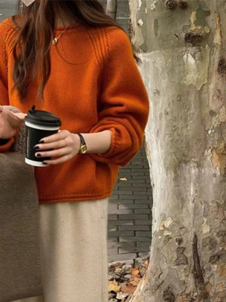 Autumn and winter new pure cashmere sweater for women with thick rolled edge round neck loose knit sweater bottoms