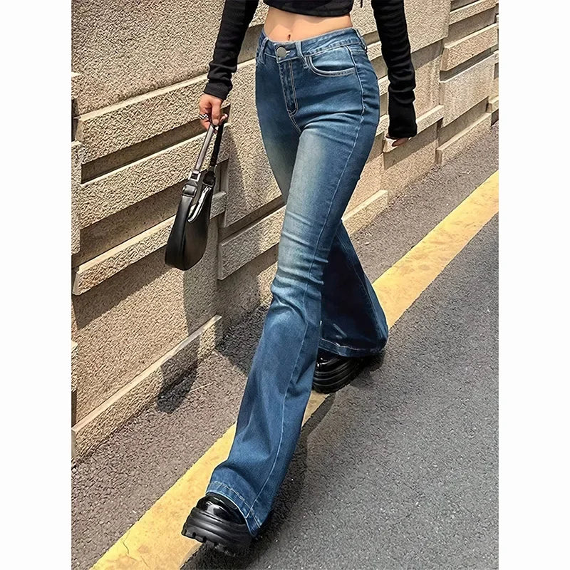 2025 Girls Concise Ins High Waist Flared Jeans Female Stretchy Bootcut Denim Pants Women Solid Color Thin Bell Bottoms Trousers