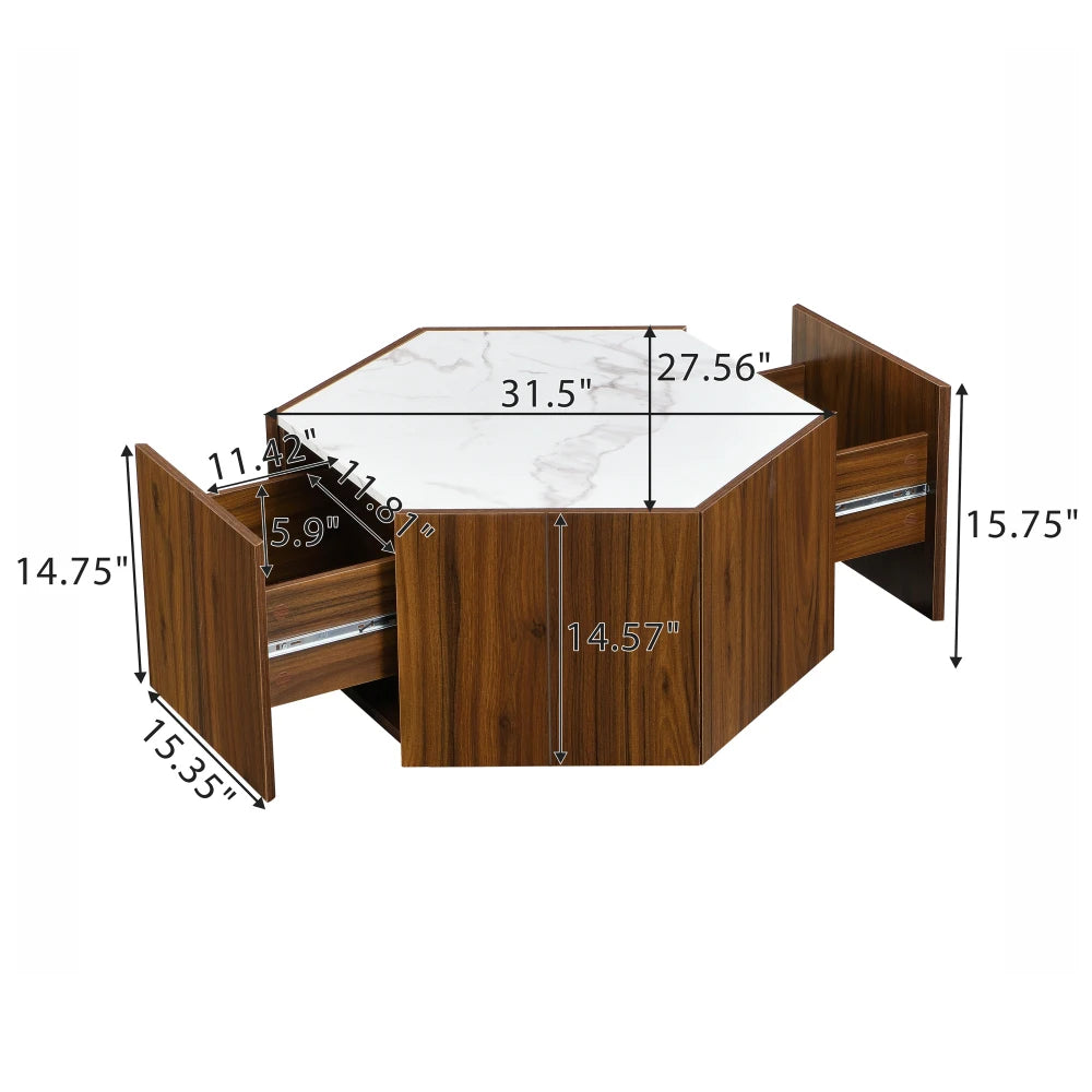Hexagonal Rustic Retro Wood Coffee Table, with 2 Hidden Drawers, Textured Black Marble Tops, Light Brown Oak Finish,tea Table