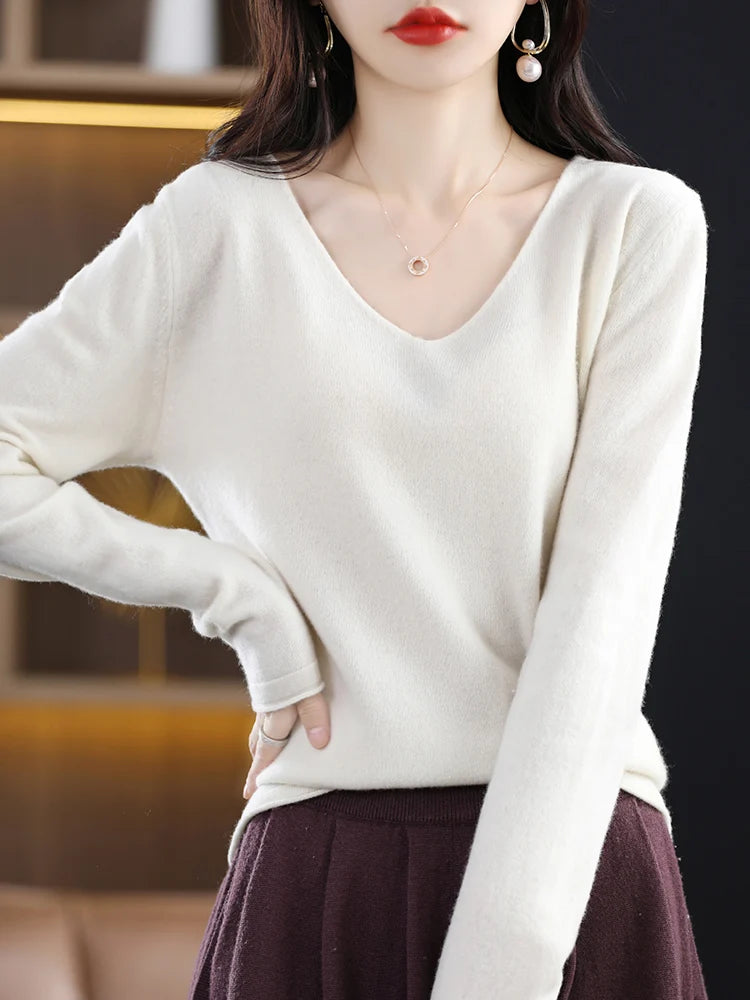 Women's Pullover Sweater For Autumn Winter 100% Merino Wool Knitted Sweater V-neck Basic  Cashmere Long Sleeve Tops