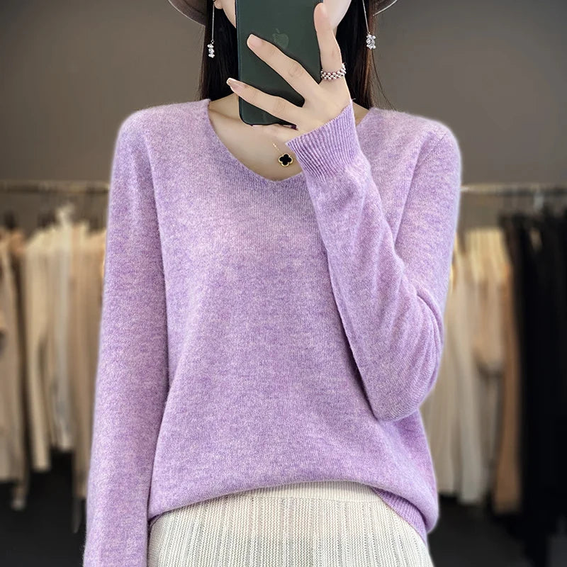 Sweater For Women 100% Merino Wool V Neck Sweater Fall Winter Basic Warm Pullovers Long Sleeve Soft Knit Jumpers Female Clothing