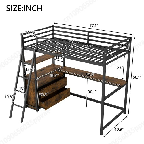 Twin Size Metal&Wood Loft Bed with Desk and Shelves, Two Built-in Drawers,  White ,Blak,Oak Natural Immediate delivery from US