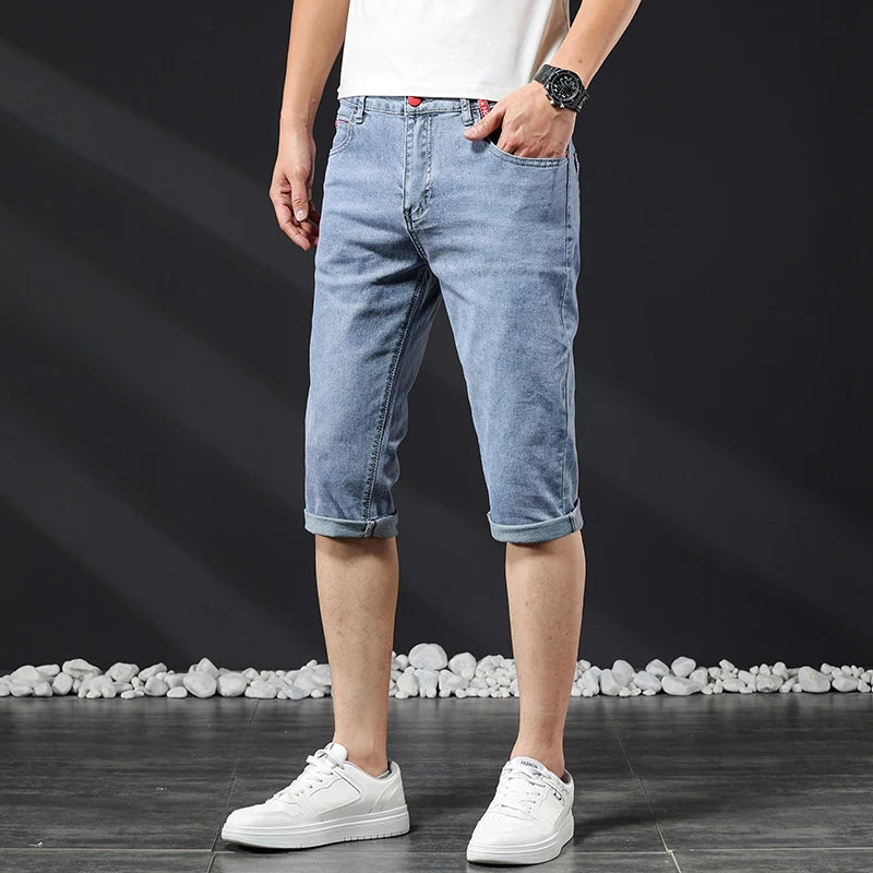 Mens Short Jeans Summer New Bermuda Casual Stretch Blue Knee Length Cropped Pants Slim Male Denim Shorts