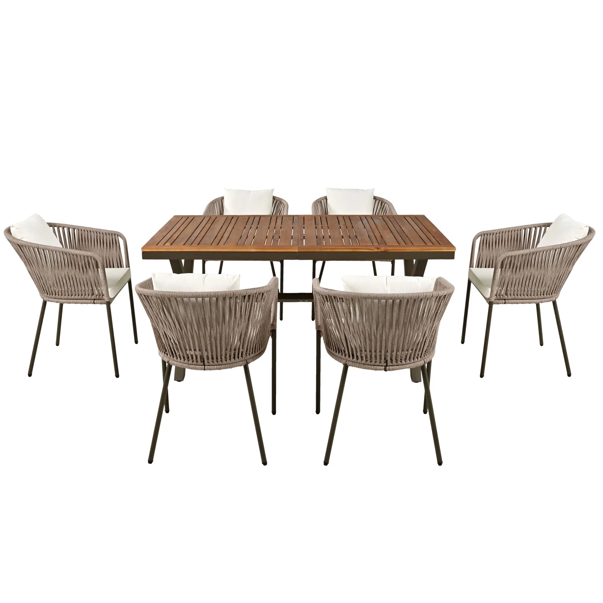 7 Pieces Patio Dining Set, All-Weather Outdoor Furniture Set with Dining Table and Chairs, Acacia Wood Tabletop, Metal Frame, fo