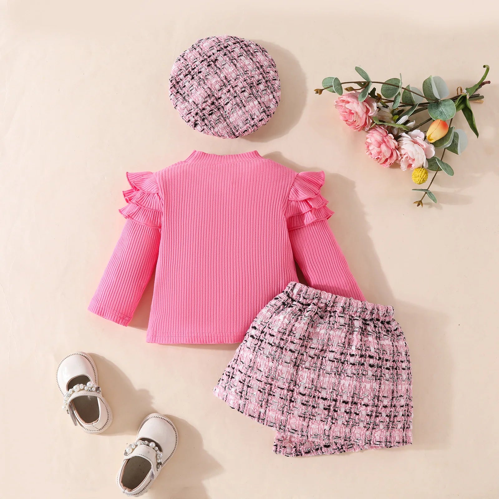 Baby Girls Clothes Set 0-3 Y Spring Autumn Infant High Neck Top+Skirt+Beret 3Pcs Trendy Toddler Long Sleeve Girls Outfit