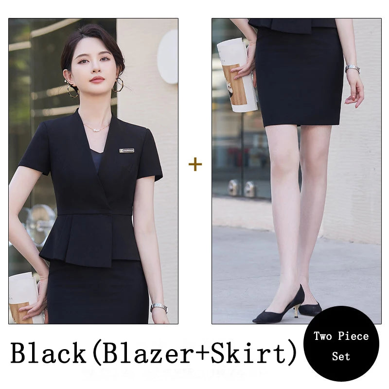 Women's Business Suits Summer Short Sleeve OL Style Office Formal Professional Work Wear Set with Skirt And Tops Career Outfit
