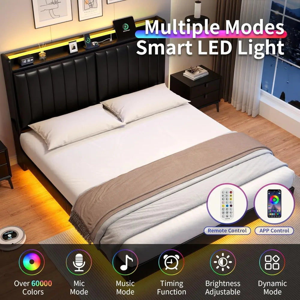 Full Size Floating Bed Frame with Ergonomic Hidden Storage Headboard and LED Lights, Visual Floating LED Bed Frame with Charing