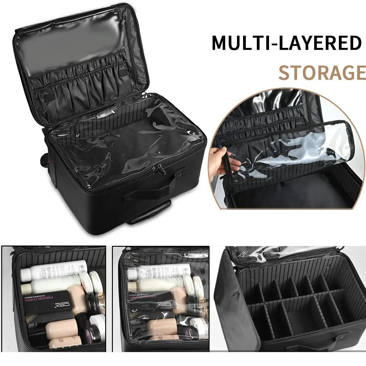 Large Rolling Makeup Case Professional Cosmetic Trolley on Wheels, Multi-Layer Embroidered Travel Organizer for Beauty