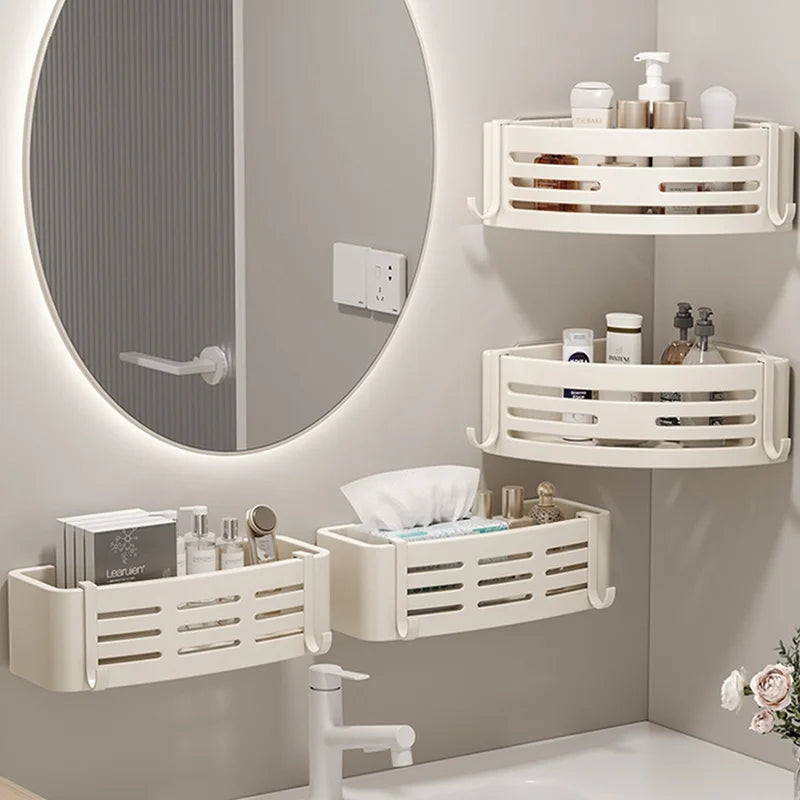 White Self-Adhesive Bathroom Shelf Storage Organizer Towel Holder Hook Wall Mounted Aluminium Corner Bathroom Shelves No Drill