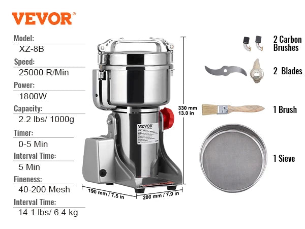SucceBuy 150-2500g Electric Grain Mill Grinder Commercial Swing Spice Grinders for Dry Herbs Grains Spices Cereals Coffee Corn
