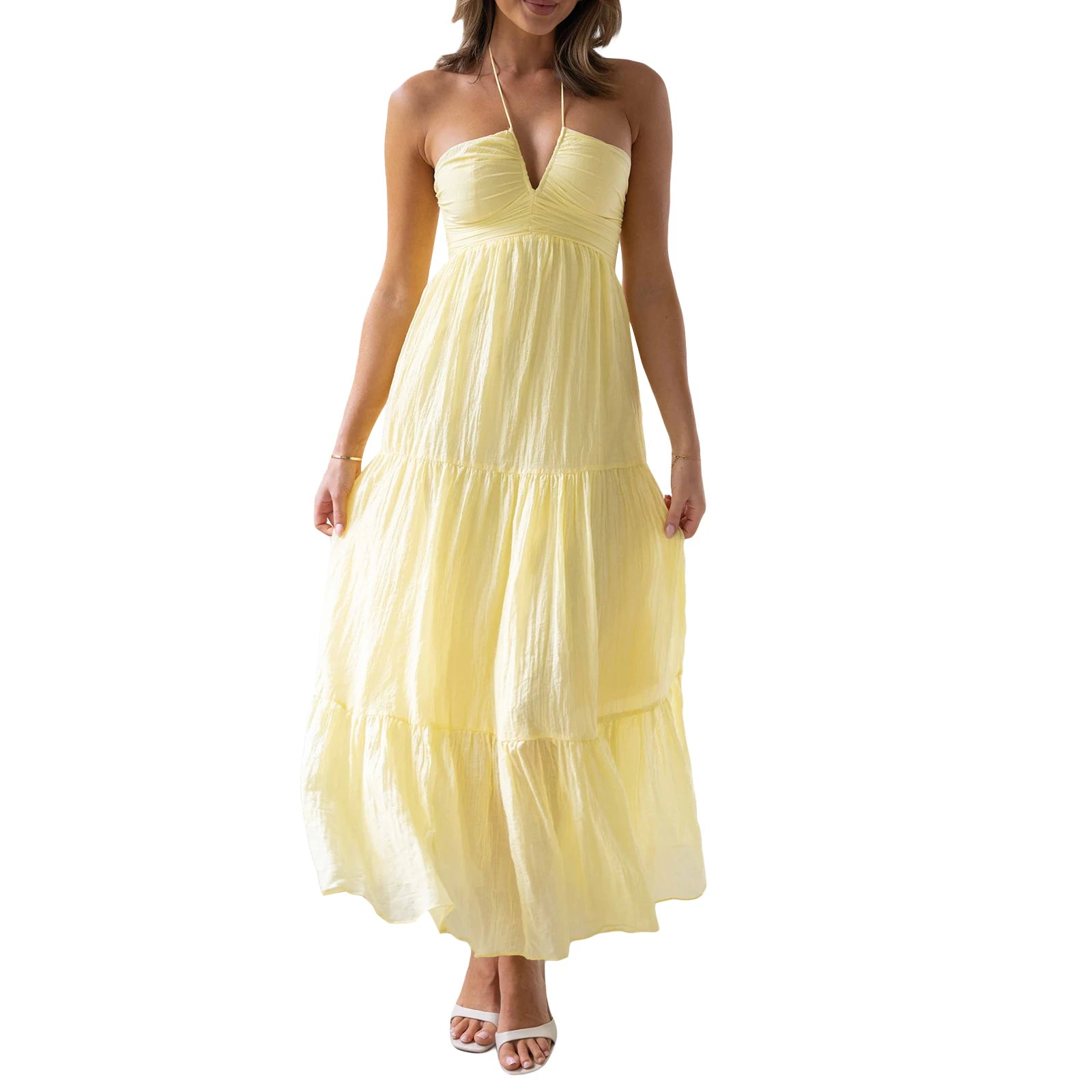Elegant Sleeveless Maxi Dress with Halter Neckline and Backless Design Perfect for Summer Beach Parties and Casual Events