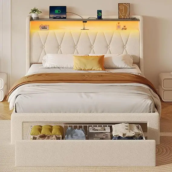 Twin Bed Frame with Drawer, Storage Headboard with Charging Station and LED Lights, Upholstered Bed