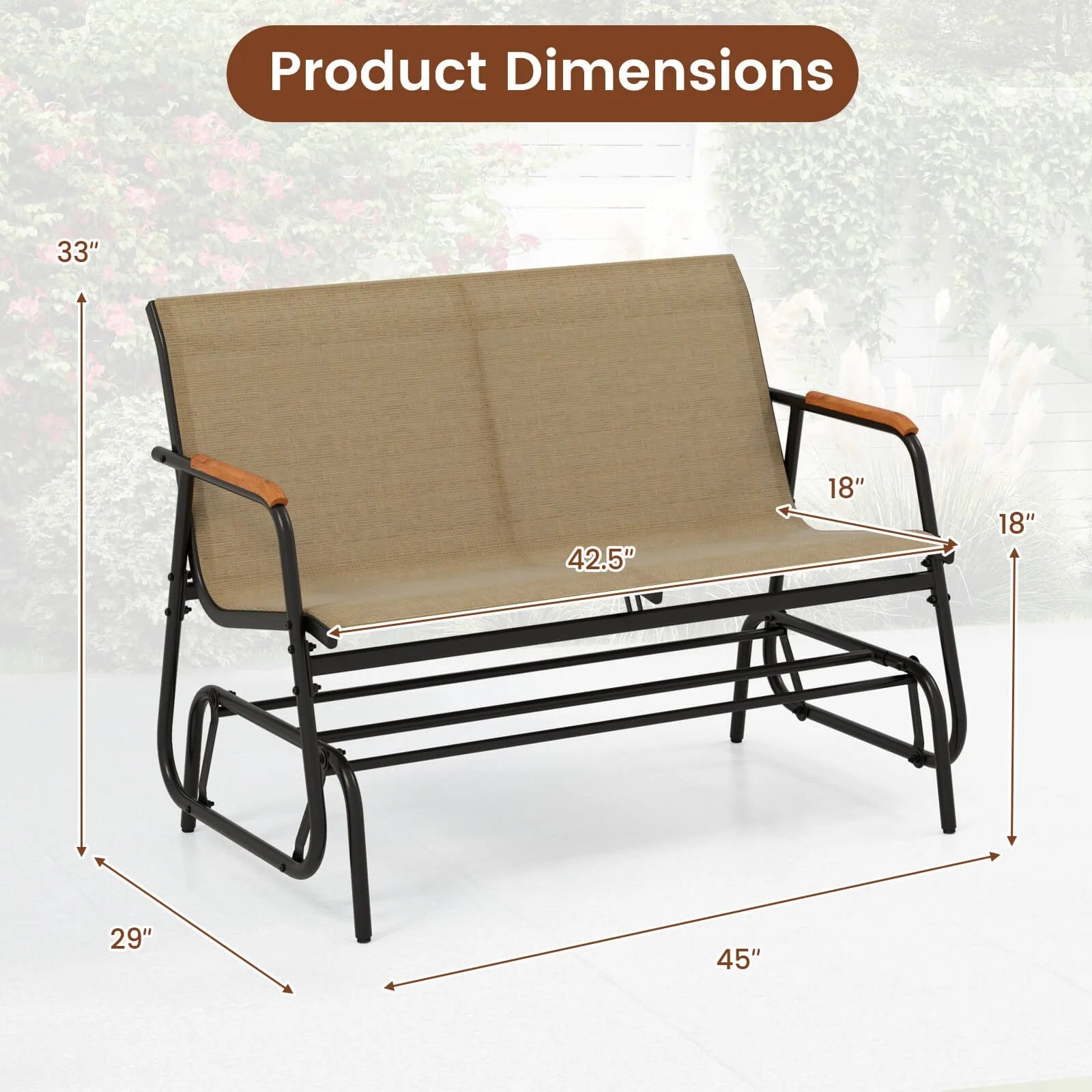 Patio Glider Bench for 2 Swing Gliding Loveseat w/Curved Teak Armrests for Porch