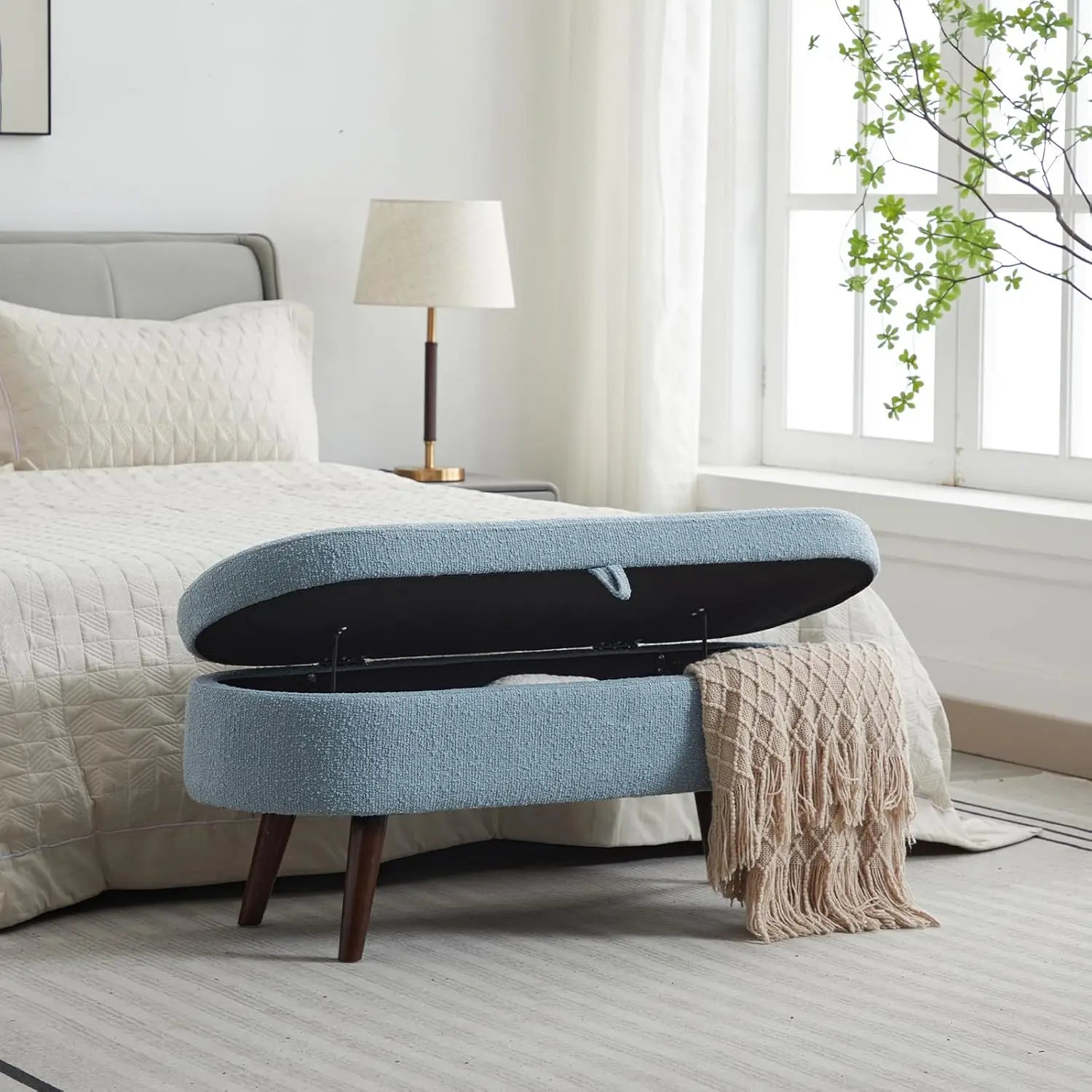 43.8" Boucle Storage Ottoman Bench, 300 Lb Capacity, Upholstered, Safety Hinge, Flip-Top Oval Foot Rest With Wood Legs
