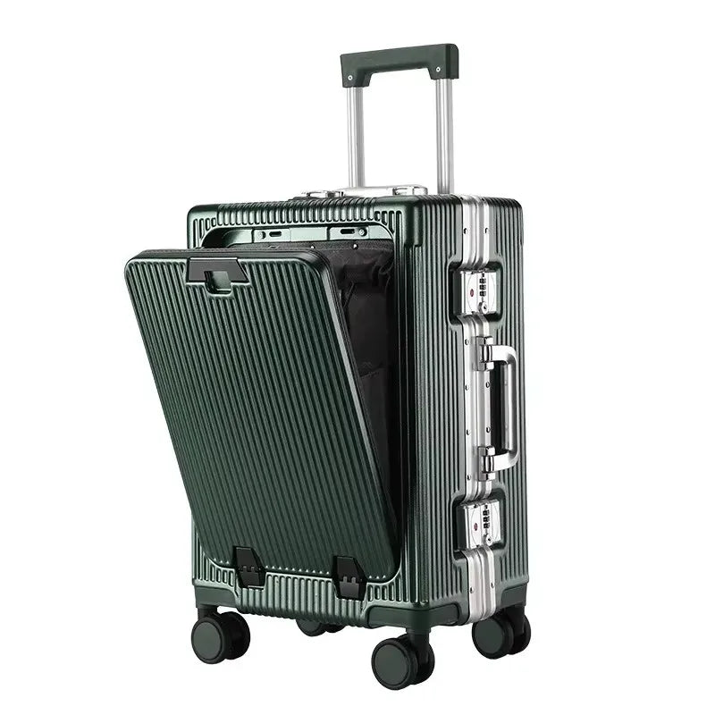 Aluminum Alloy Frame Suitcase Front Opening Pocket with USB Charging Plug Rolling Luggage Trolley Case Bag with Spinner Wheel