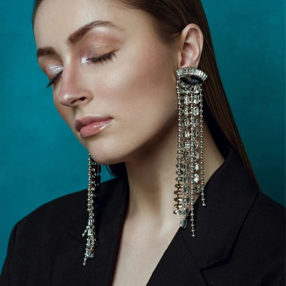 Stonefans Fashion Long Tassel Earrings Women Luxury Ear Accessoreis Exaggerated Geometric Rhinestone Dangle Earring Party Gift