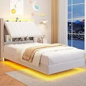 Full Size Floating Bed Frame with Ergonomic Hidden Storage Headboard and LED Lights, Visual Floating LED Bed Frame with Charing