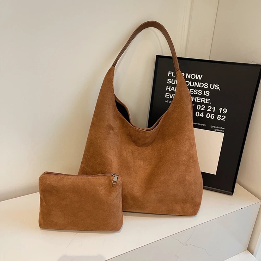Women Suede Shoulder Bag Trendy Bucket Bag with Pocket Retro Handbag Hobo Bag for Work Travel Shopping