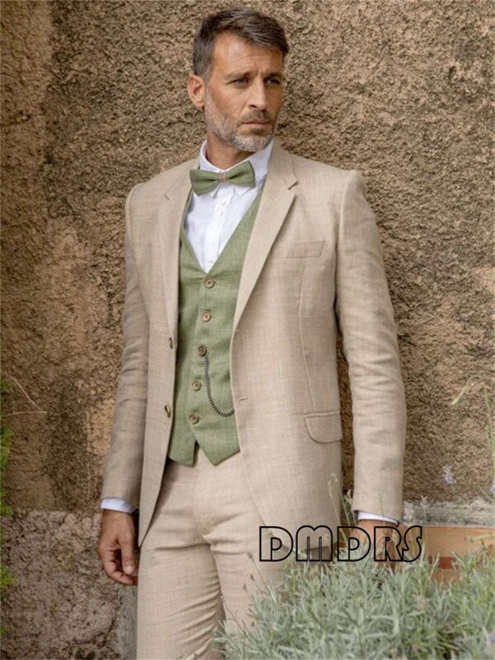 Casual Groom Attire for Outdoor Wedding Linen Formal Suit Set 3 Pieces Vest Including, Breathable Men Tuxedo Set Party Prom Wear