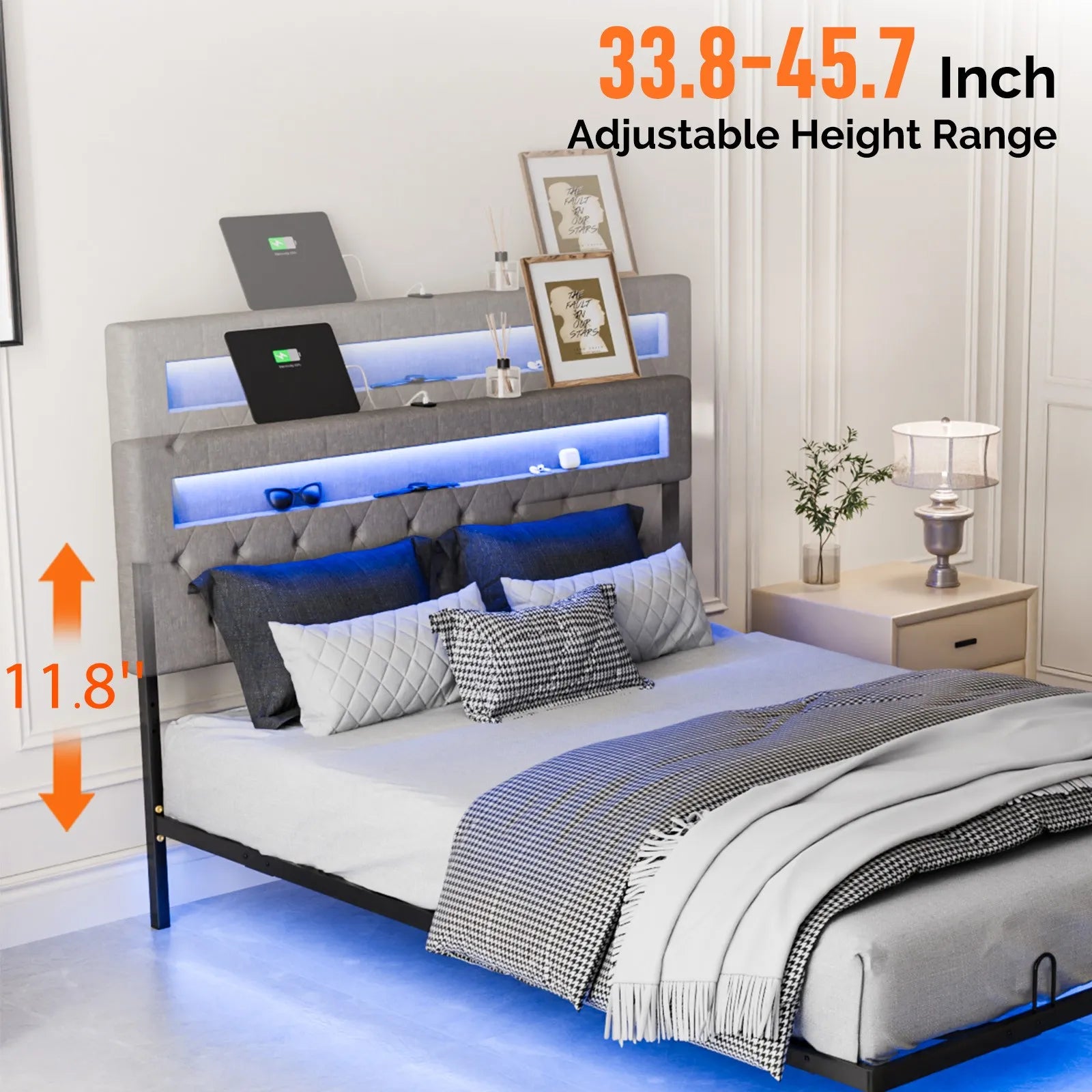 Twin Floating Bed Frame with Upholstered Headboard Charging Station/LED Lights