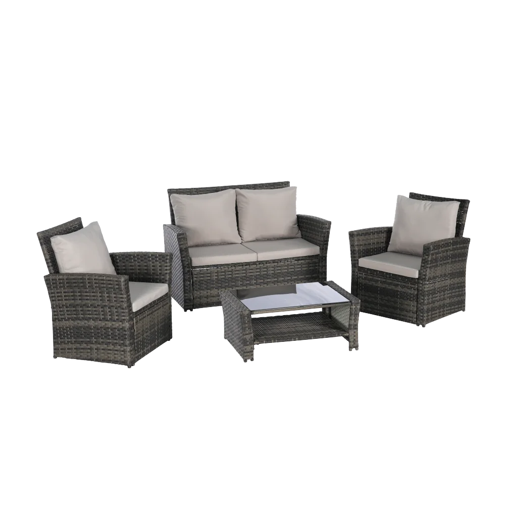 4 Pieces Outdoor Patio Furniture Sets Garden Rattan Chair Wicker Set, Poolside Lawn Chairs with Tempered Glass Coffee Table