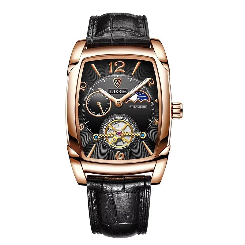 LIGE Top Brand Luxury Mens Watches Square Automatic Watch for Men Tourbillon Clock Genuine Leather Waterproof Mechanical Watch