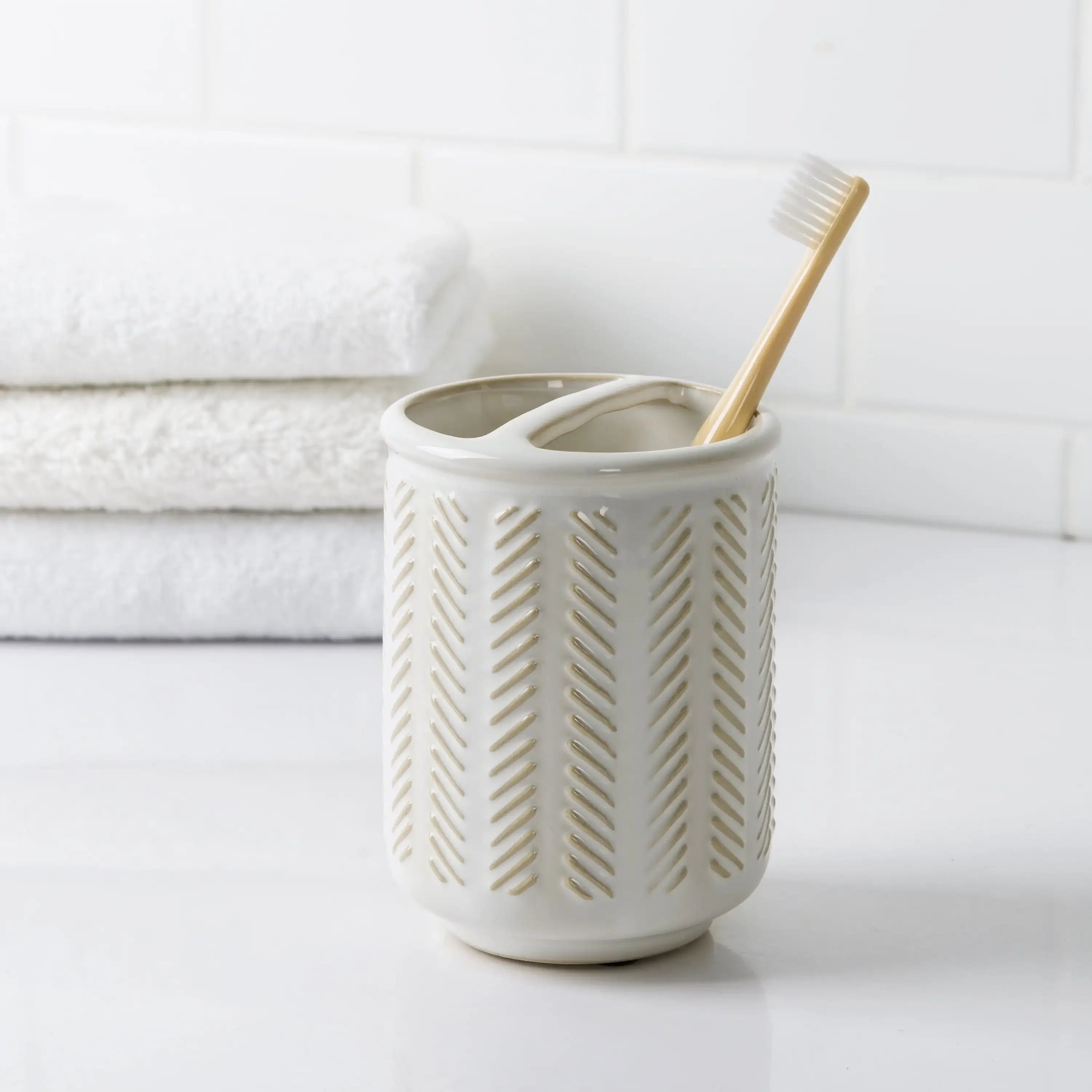 Better Homes & Gardens Reactive Glazed Textured Ceramic Toothbrush Holder in Creamy White