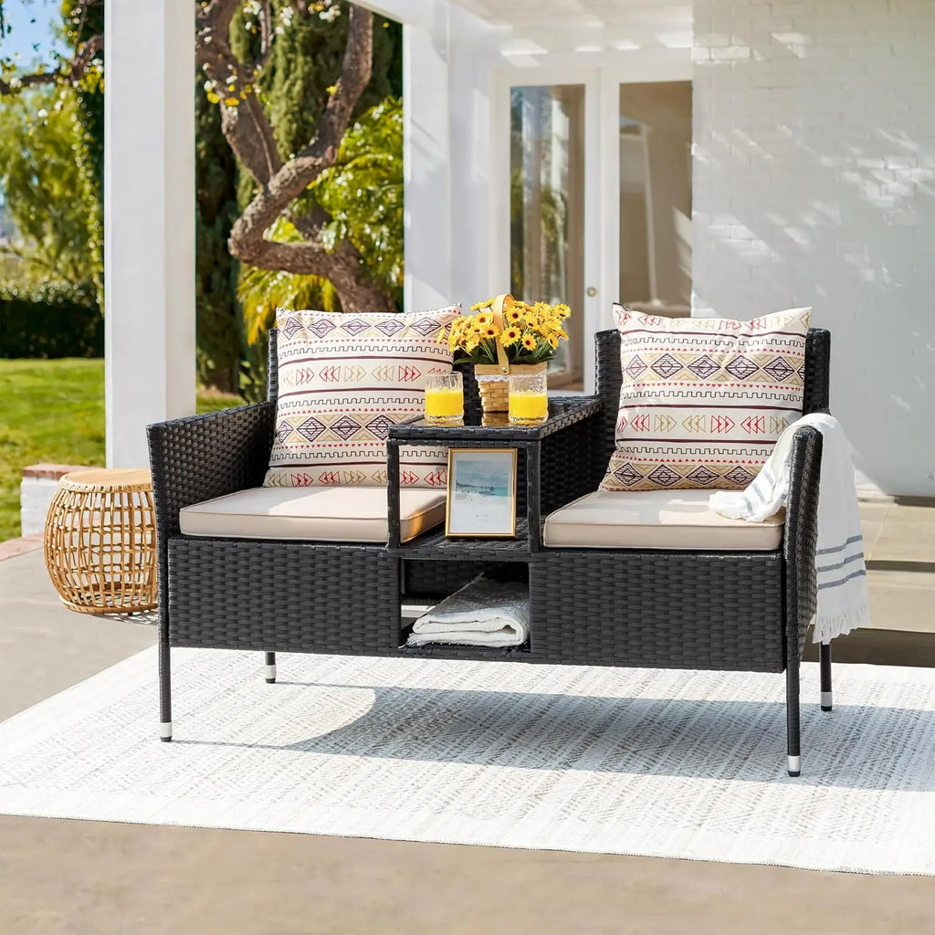 Outdoor Patio Loveseat Modern Rattan 2-Seat Patio Conversation Set with Cushions & Built-in Coffee Table Porch Furniture for Gar