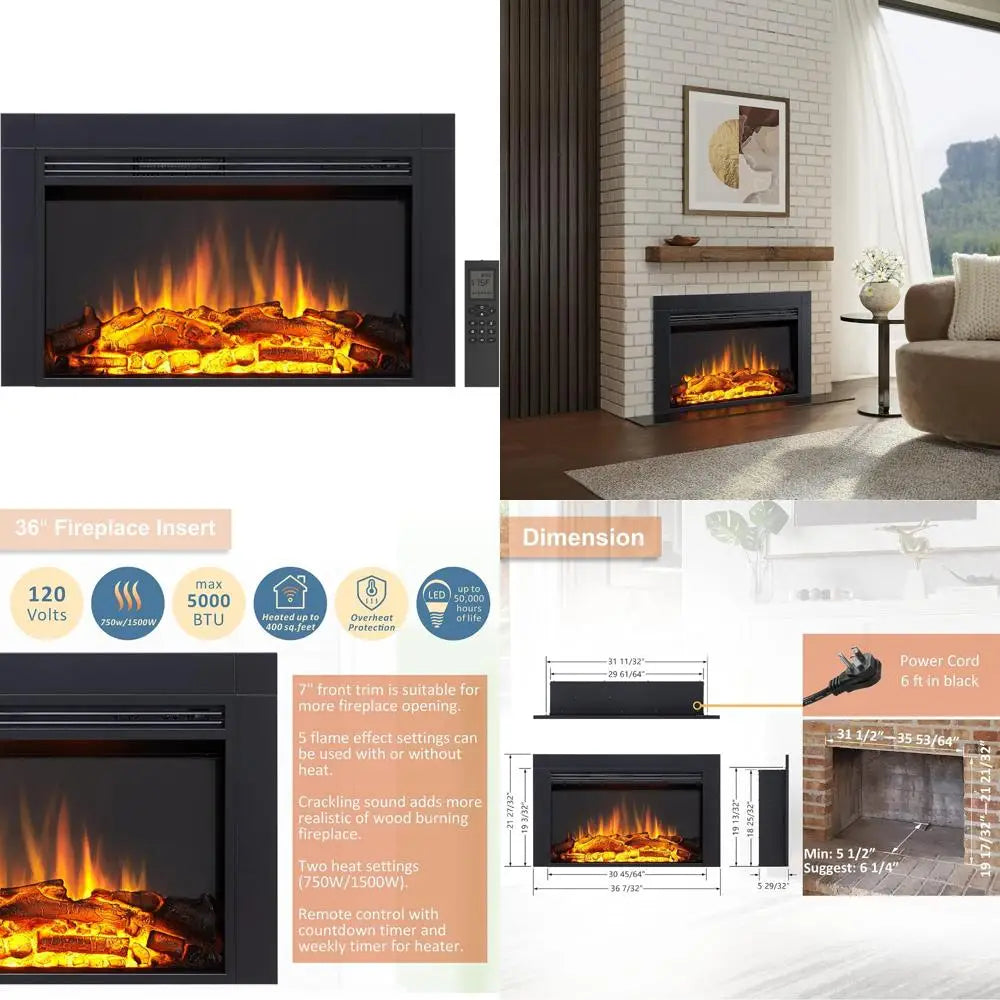 LegendFlame Jaden 36 Electric Fireplace Insert, 22 Tall, with Front Trim, Fire Crackling Sound, 750W/1500W Heater, Remote Contro