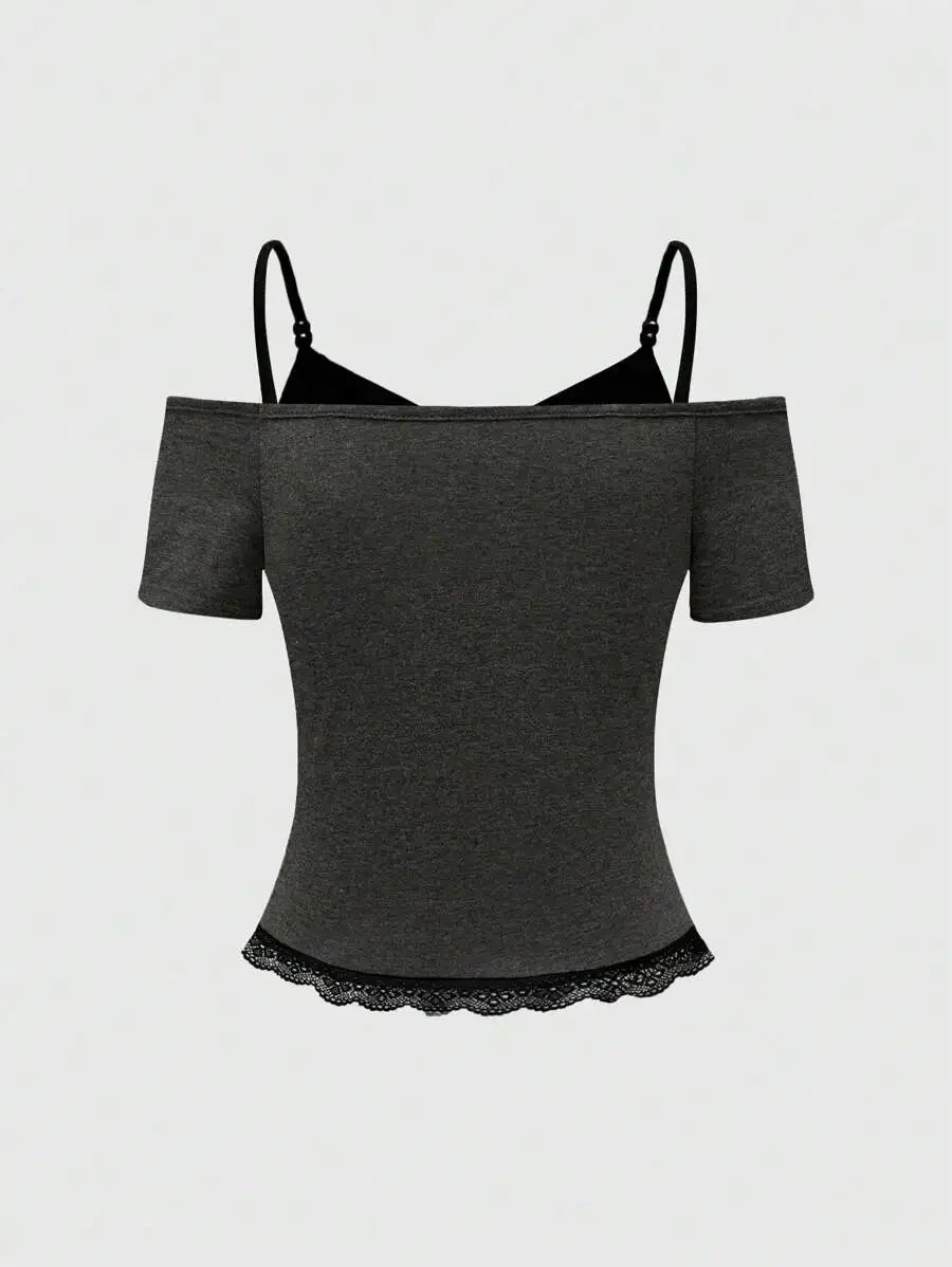 Vintage Fake two items Graphic Women Harajuku Y2k Aesthetic 2000s Oversized Sexy Off Shoulder Short Sleeve T-shirts Grunge