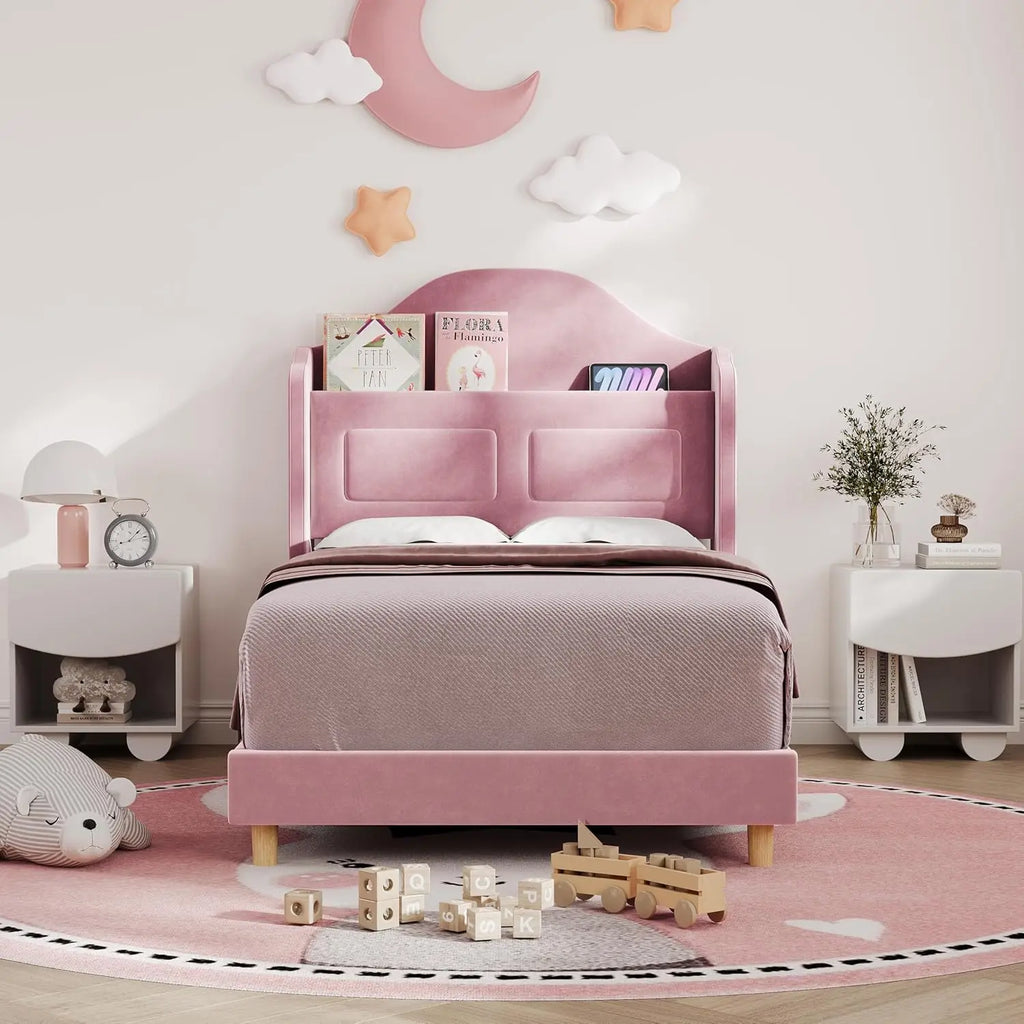 Upholstered Twin Bed Frame with LED Lights, Velvet Platform Bed Frame with Wing Back Storage Headboard, Wood Slats Support, No B