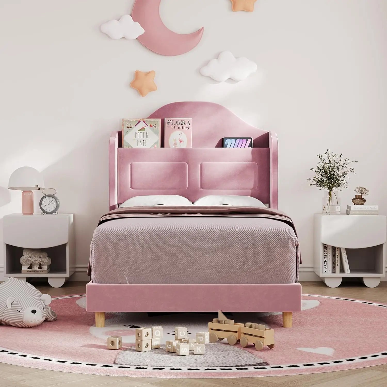 Upholstered Twin Bed Frame with LED Lights, Velvet Platform Bed Frame with Wing Back Storage Headboard, Wood Slats Support, No B