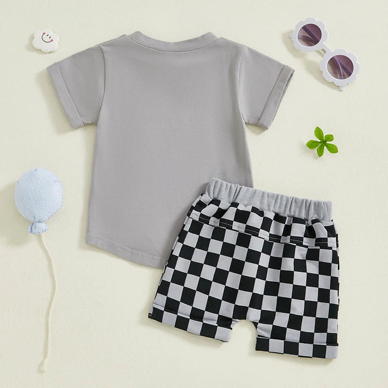Cute Infant Boy Casual Wear Solid Color Tee and Plaid Shorts Set for Hot Weather 2 Piece Outfit for Toddlers